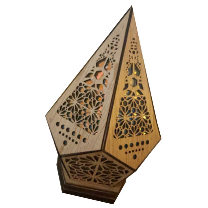 Лампа от дърво USB, модерен геометричен дизайн, кафява, 18x11x11см