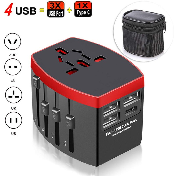 Adaptor de calatorie universal 260815BM8178, priza multi-tari compatibila 224+ tari, 4 porturi USB (3× USB-A + 1× USB-C) total 5V/3,4A, 1380W (250V/6A), ABS+PC V0, negru/rosu, compact