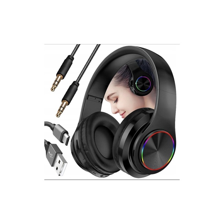 Vezeték nélküli Bluetooth 5.0 fejhallgató, RGB fények, MP3, összecsukható, fekete, 20x18.5x9cm