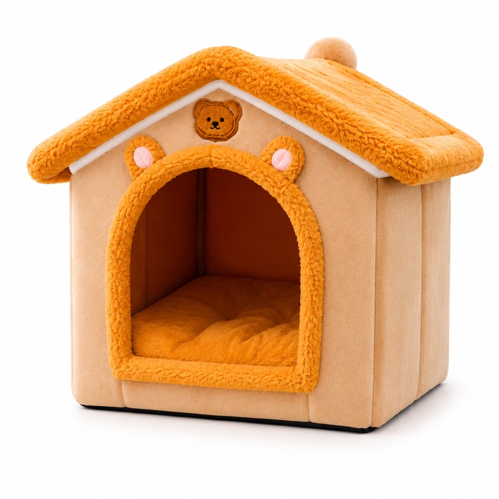 Casuta pentru animale de talie mica, interior moale si calduros, usoara, pliabila, 33 x 29 x 26 cm, Maro