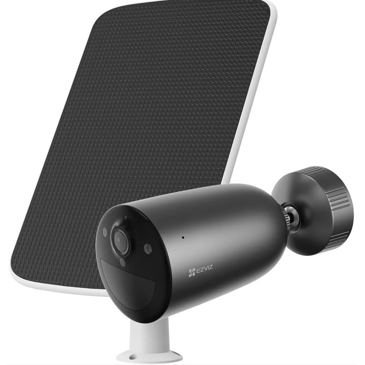 Интелигентна/смарт фиксирана камера за наблюдение EZVIZ, комплект, 3MP, 2K резолюция, със соларен панел, с вградена батерия 5200 mAh, микрофон, високоговорител, черна, за външна употреба IP 65, -20 +50 градуса, макс. 512 GB