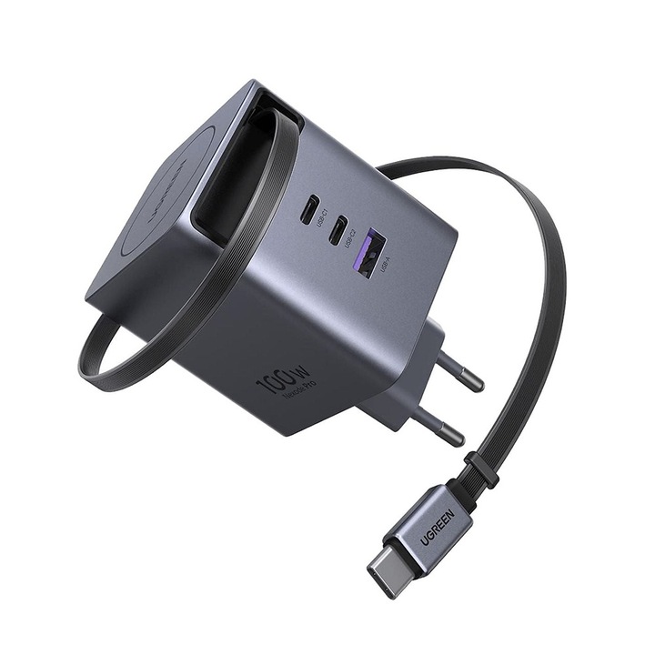 Incarcator Rapid Universal cu cablu retractabil USB-C Ugreen X616, USB, 2x Type-C, GaN Fast Charger, 100W, Gri