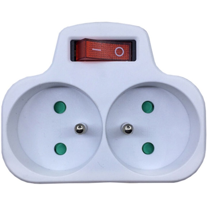 Priza dubla cu intrerupator, 16A, 230V, alb, 8.5x6.7x7.8cm