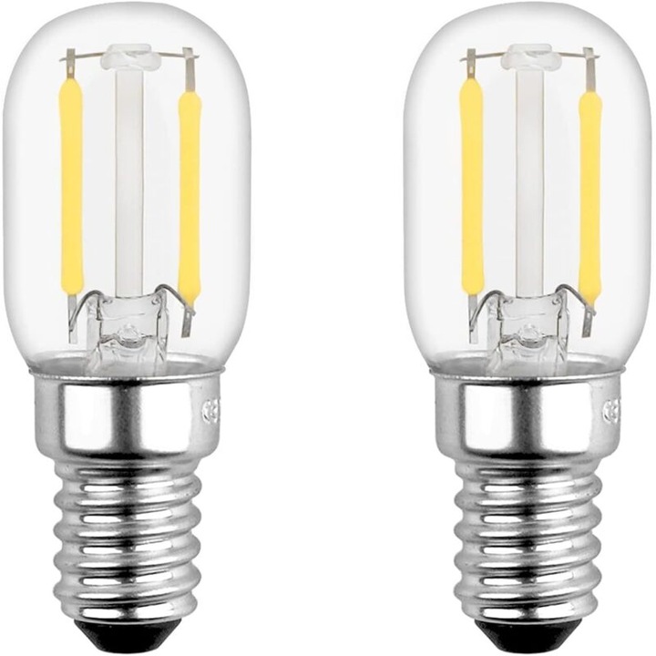 2 db E14 T22 LED izzó készlet, 1W, meleg fehér, 22x58mm, hűtőszekrényhez és gyermek éjjeli lámpához
