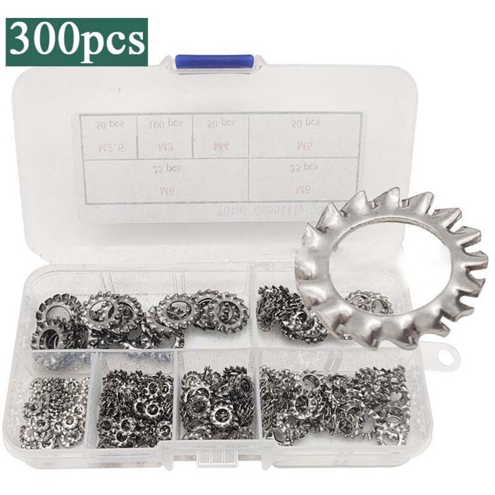 Set 300 buc Rondelle blocare din otel inoxidabil 304, argintiu, M2.5-M8, cu cutie depozitare