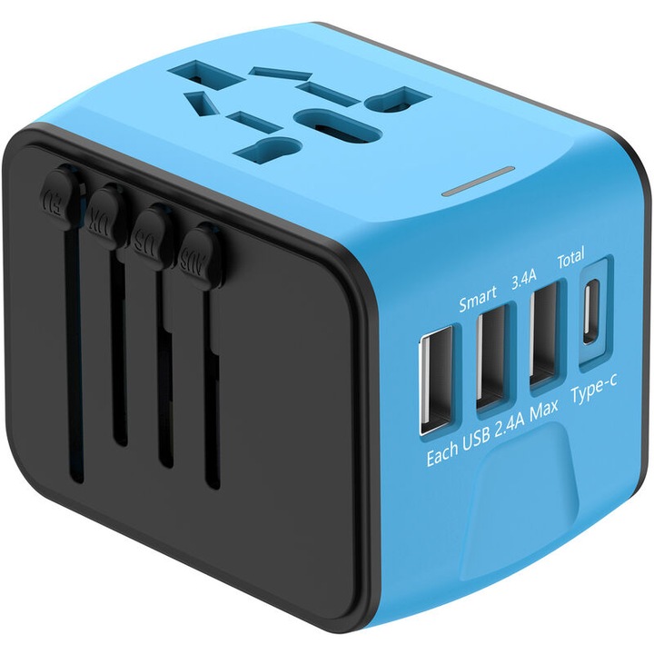 Adaptor de calatorie universal, 3 USB, 1 Type-C, alb, 5x5.2x6.7cm