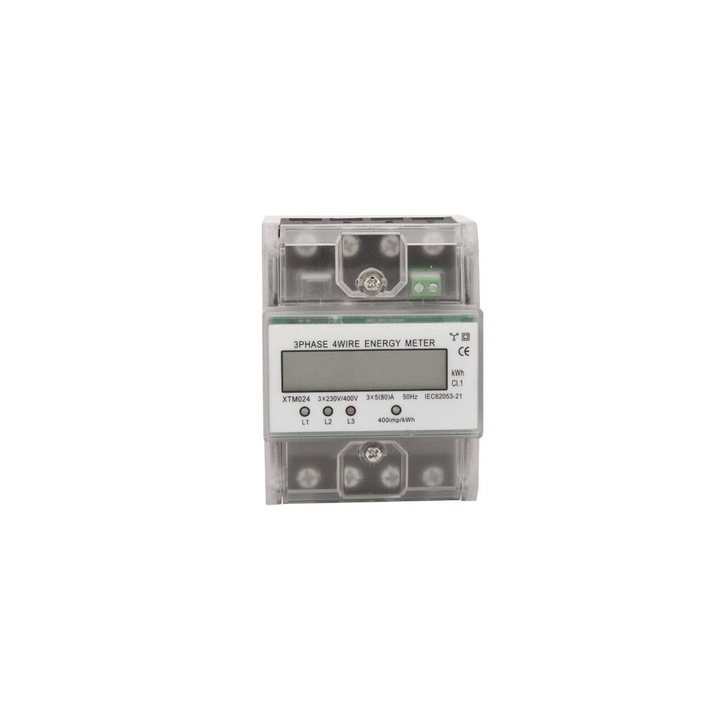 Contor energie digital trifazat 4 fire 380V 5-80A montaj pe sina, afisaj LCD, albastru