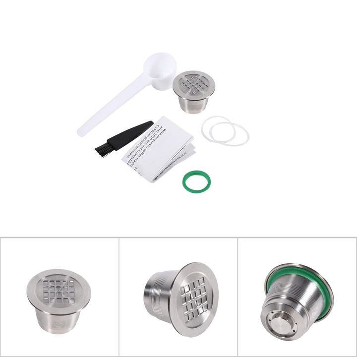 Capsula cafea reincarcabila inox 4-5g set cu perie si accesorii, 3.7x2.3x2.7cm