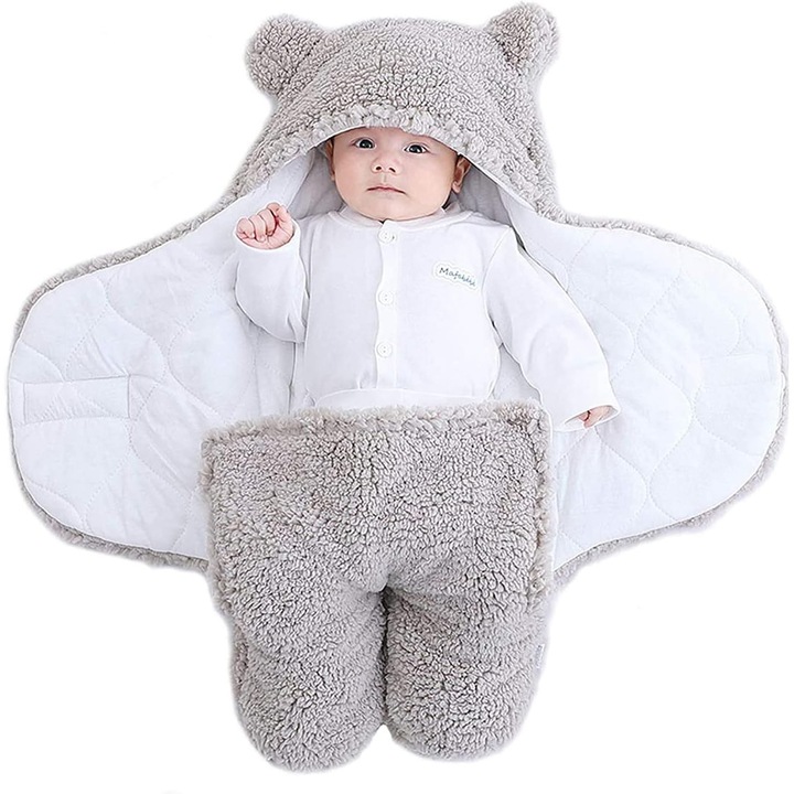 Paturica bebelusi unisex, sac de dormit cu gluga, gri, 64x68cm