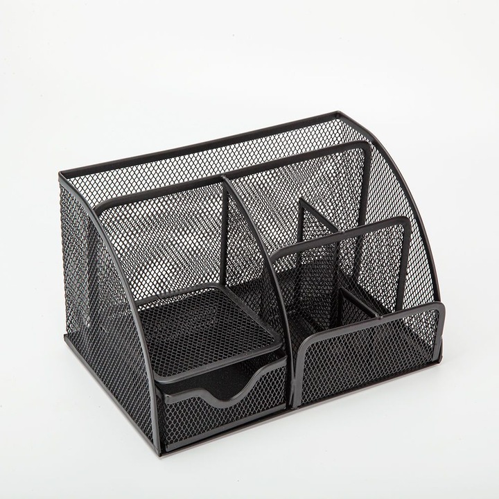 Organizator birou cu sertar si 6 compartimente, metal negru, 20x10x8cm