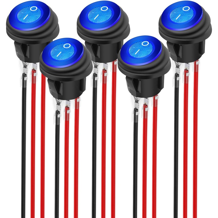 5 db kerek, vízálló billenőkapcsoló készlet, 12-24V, kék LED, 20x15A, 3 érintkezős