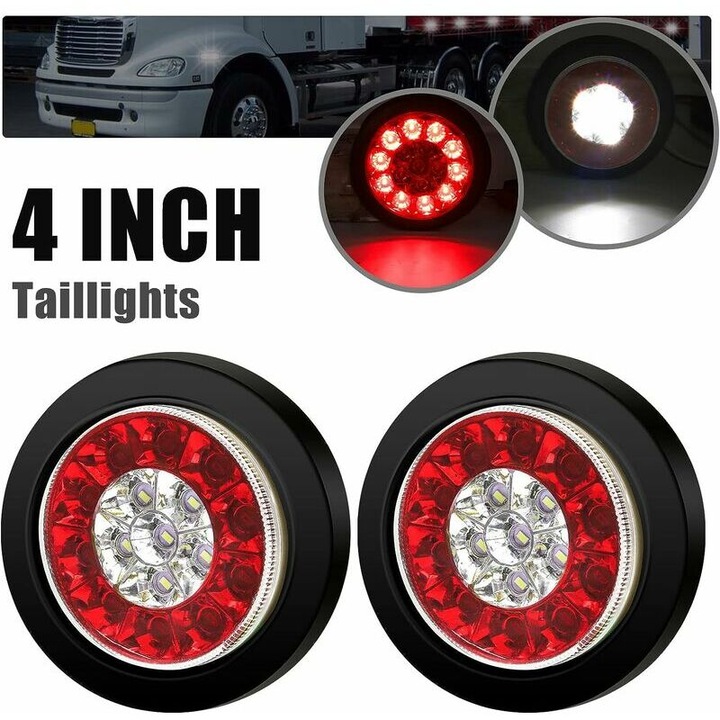 Комплект от 2 кръгли LED задни светлини, 16 LED, червено-бял, 14x10см, водоустойчив