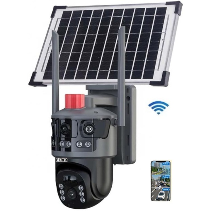 EDAR T2102 WiFi 4K Megfigyelő Kamera, 4 Lencse, 12MP, Napelem, 360°-os Forgatás, Éjjellátó, Mozgásérzékelő, Kétirányú Hang, MicroSD Foglalat, Víz- és Porálló, Alkalmazásvezérlés, Fekete