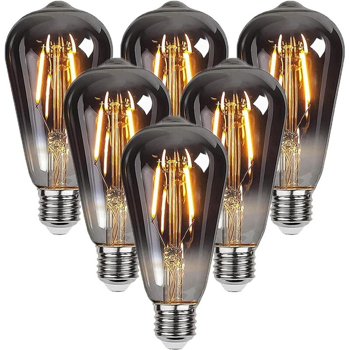 6 db LED vintage E27 ST64 izzó készlet, filament, meleg fehér, 4W, füstszínű, 50x110mm