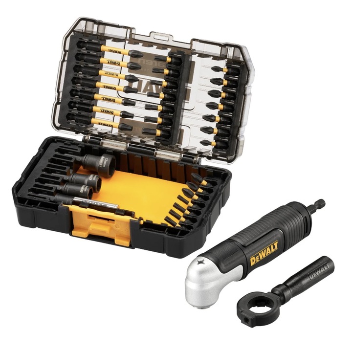33 darab ütvecsavarozó tartozék készlet, DeWalt McLaren, 7 db 57 mm-es bit, 21 db 25 mm-es bit, 1 db sarokadapter, 1 db mágneses bittartó, 3 db dugókulcs (8 mm, 10 mm és 13 mm), Phillips, Torx