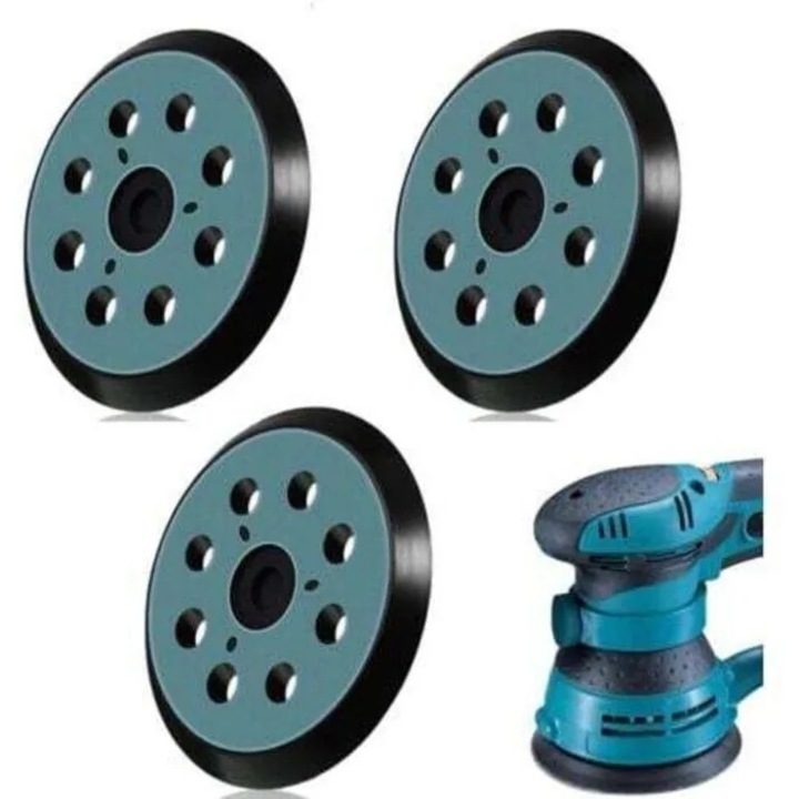 Set 3 bucati, Disc suport pentru slefuitor (placa suport), compatibil Makita BO5041/M9202B/M9204B/DBO180, 125 mm, 8 gauri, Negru/Albastru