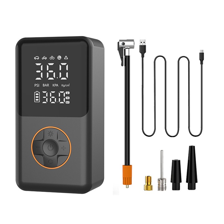 Преносима електрическа помпа 10000mAh, 150 PSI, LCD екран, многофункционална, черна, 20x12x6cm