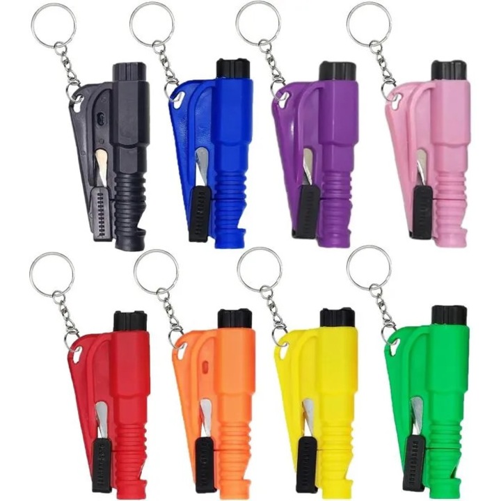 Ciocan de urgenta auto / dispozitiv de salvare 3-in-1, spargator de geam, taietor de centura, cu suport, multicolor, 8 bucati
