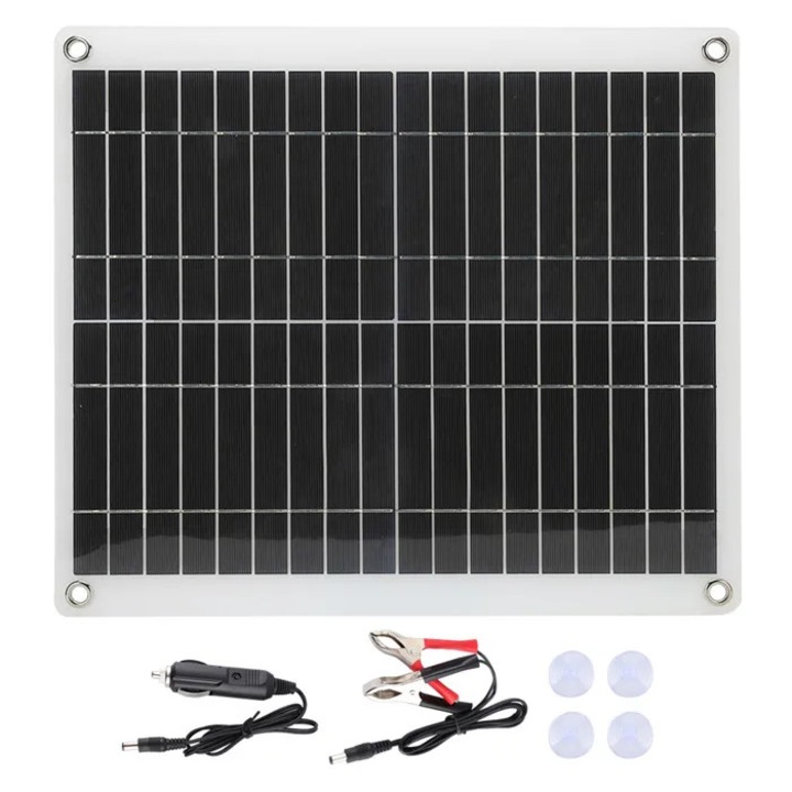 Panou solar portabil 25W, panou fotovoltaic policristalin flexibil, incarcare USB, pentru camping si autorulota, negru/alb