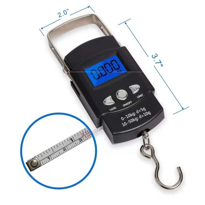 Cantar de pescuit, cantar electronic cu carlig, cantar electronic digital cu ecran LCD iluminat din spate, 50 kg / 110 lb - maner lat din otel inoxidabil - 2 baterii AAA incluse