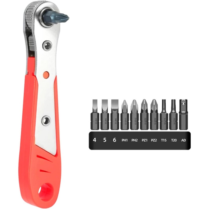 Cheie magnetica cu clichet de 110 mm si 1/4" - Mini surubelnita cu clichet - Set de 10 biti - Surubelnita reversabila pentru gadgeturi, masini, case, masini si alte dispozitive