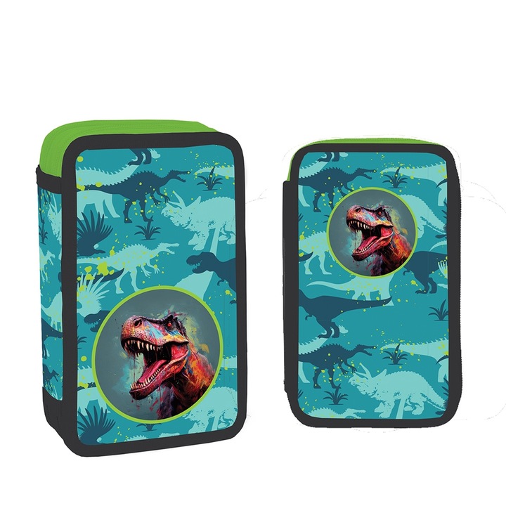 Penar scolar echipat pentru baieti, S-Cool, model Dinozaur T-Rex, 2 compartimente cu fermoar, 29 piese, Verde