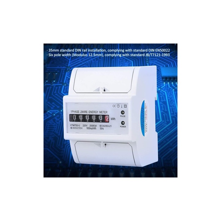 Egyfázisú villanyóra 20(80)A LCD kijelzővel és impulzuskimenettel, DIN sínre szerelhető, 6 modul, 220V