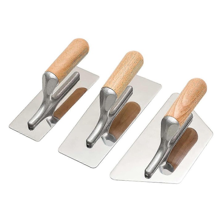 Set 3 mistrii tencuiala inox maner lemn argintiu natural 20x8cm 24x10cm 23.5x11cm