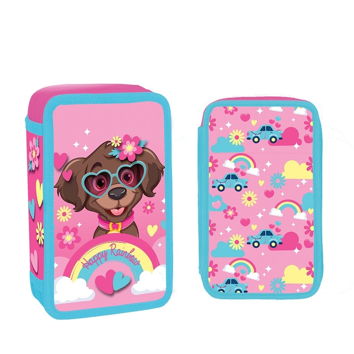 Penar scolar echipat pentru fete, S-Cool, model Catelus Happy Rainbow, 2 compartimente cu fermoar, 29 piese, Roz