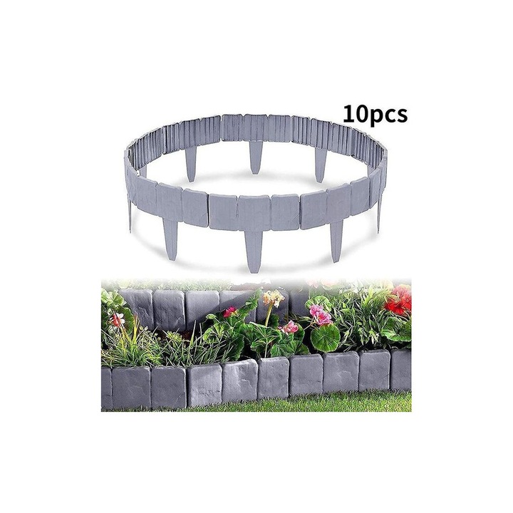 Bordura flexibila pentru gradina, 10 bucati, plastic dur, imitatie piatra gri carbune, 25x23cm