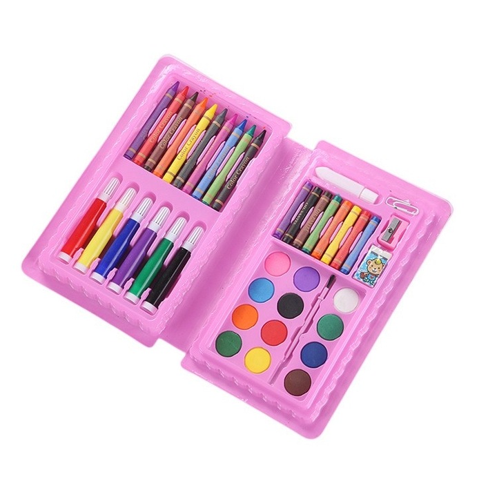 Trusa desen si pictura pentru copii, 42 piese, model pisica, tip penar, creioane, carioci, 24.3 x 13 x 3 cm, roz, Dactylion®