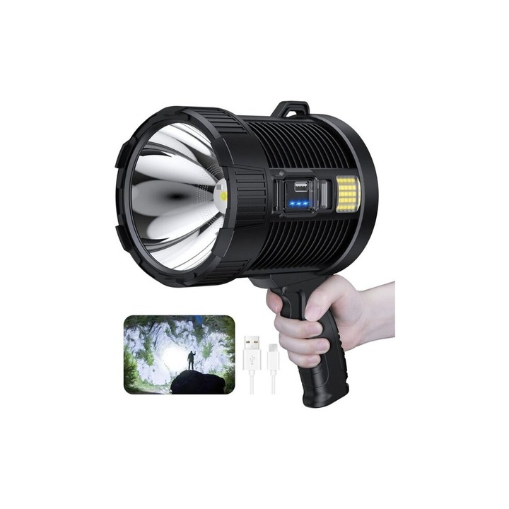 Újratölthető zseblámpa 100000 lumen P90 LED, 800m, fehér-kék-piros-sárga, 10000mAh, IPX5, 4x USB napelemes, 25x7cm