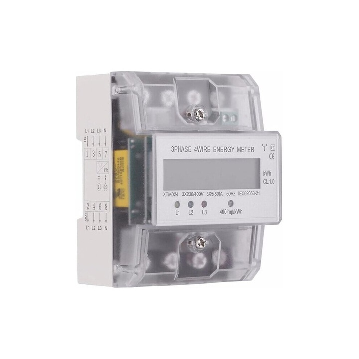 Háromfázisú energiamérő DIN sínre 5-100A 4P, LCD kijelző, 1. osztály, S0, fém-ABS