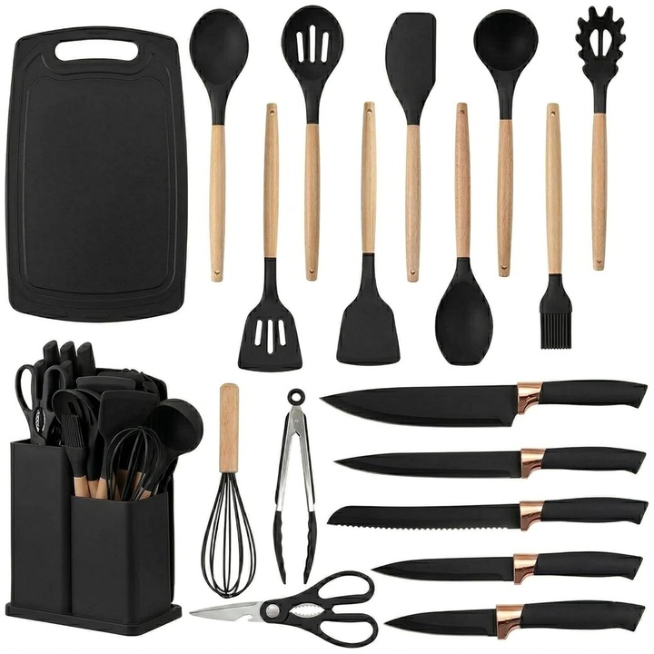 Set 19 ustensile de gatit pentru bucatarie NEXTLY, lemn/silicon alimentar, rezistente la temperaturi ridicate, negru