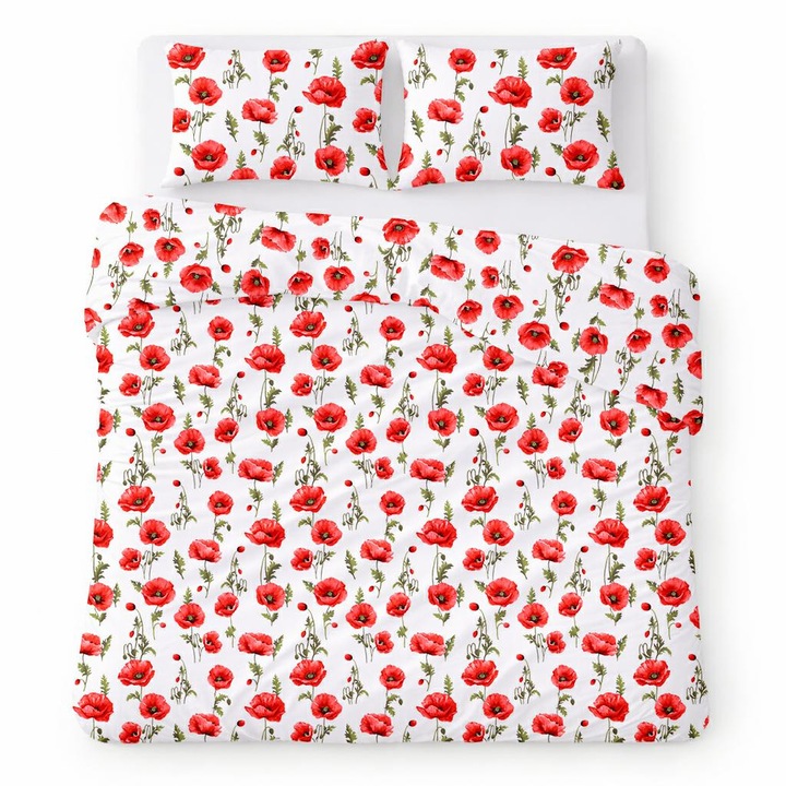 Set lenjerie de pat, Karo, Cotton Home, bumbac, alb cu maci rosii, 180x200 cm, 3 piese