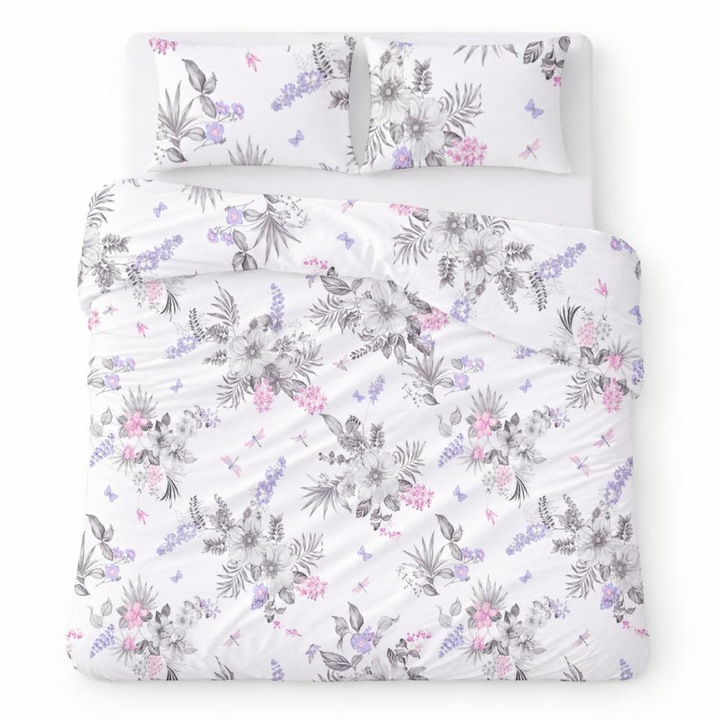 Ágynemű garnitúra, Karo, Cotton Home 22395-1, pamut, fehér szürke lila, 200x220 cm, 3 részes