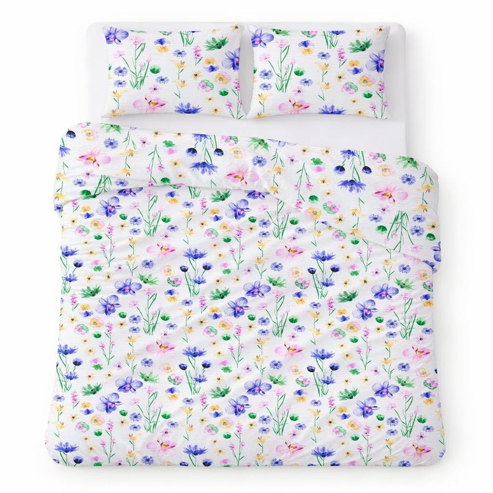 Ágynemű garnitúra, Karo, Cotton Home, pamut, fehér, sokszínű virágokkal, 180x200 cm, 3 részes