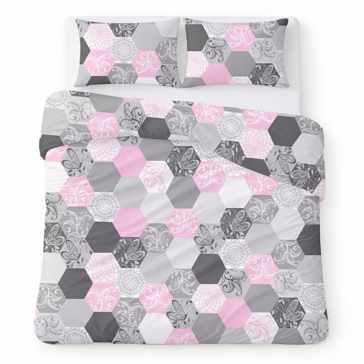 Ágynemű garnitúra, Karo, Cotton Home 22151-3, pamut, rózsaszín szürke, geometrikus minta, 200x220 cm, 3 részes