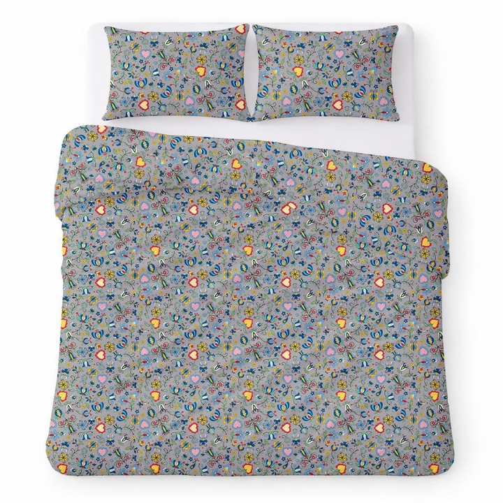Ágynemű garnitúra, Karo, Cotton Home, pamut, szürke, 160x200 cm, 3 részes, népi mintás, 2 db 70x80 cm-es párnahuzat