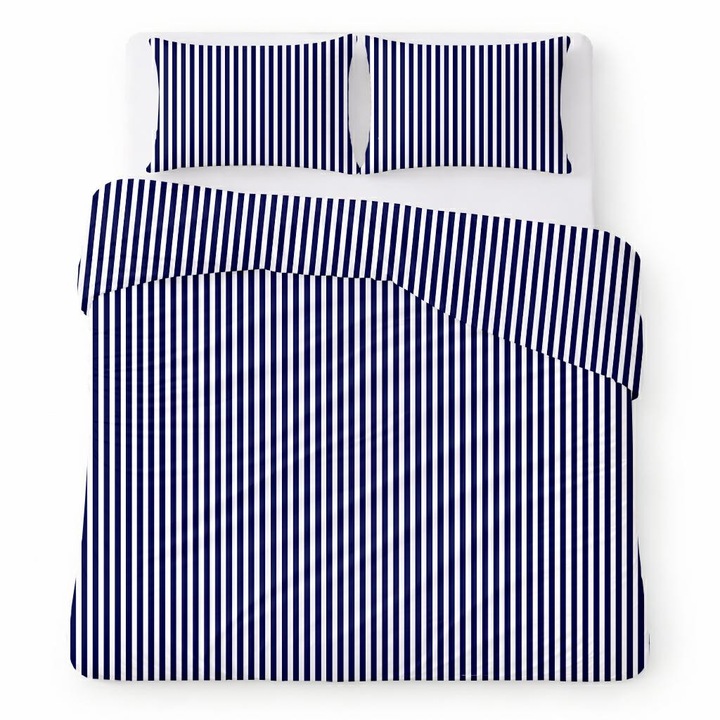 Ágynemű garnitúra, Karo, Cotton Home, fehér sötétkék csíkokkal, 160x200 cm, 3 részes, pamut, cipzárral