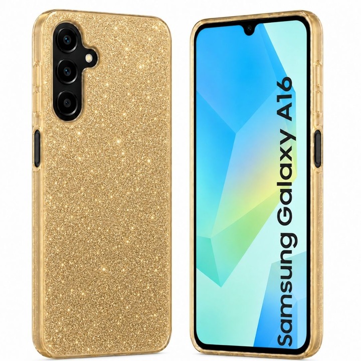 Husa din silicon compatibila cu Samsung Galaxy A16, protectie Anti-Soc si design cu sclipici - Auriu Auriu