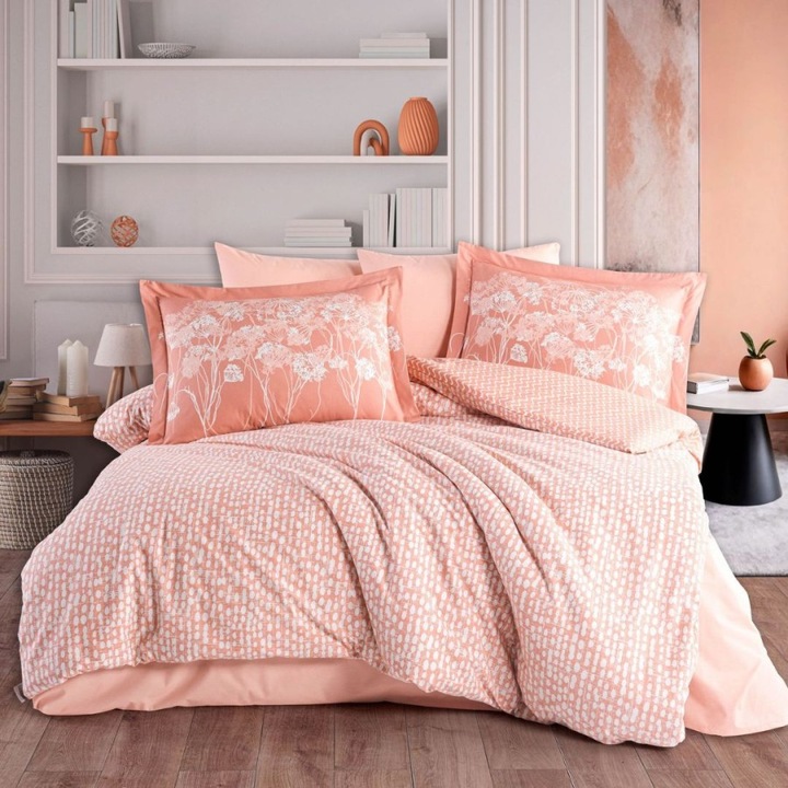 Lenjerie de pat dublu cu model floral, poplin percale, 240 x 260 cm, 4 piese, Hobby Home, Velura Terracota