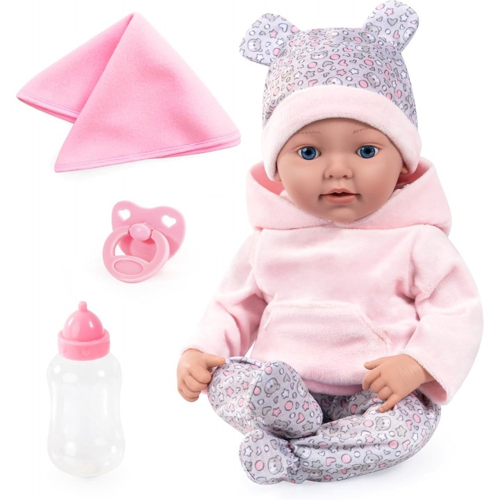 Кукла бебе с реалистичен вид и меко тяло Bayer Baby Reborn Alice 38 см със залъгалка и шише, гащеризон, шапка и съвпадащи терлички, препоръчителна възраст 18 месеца