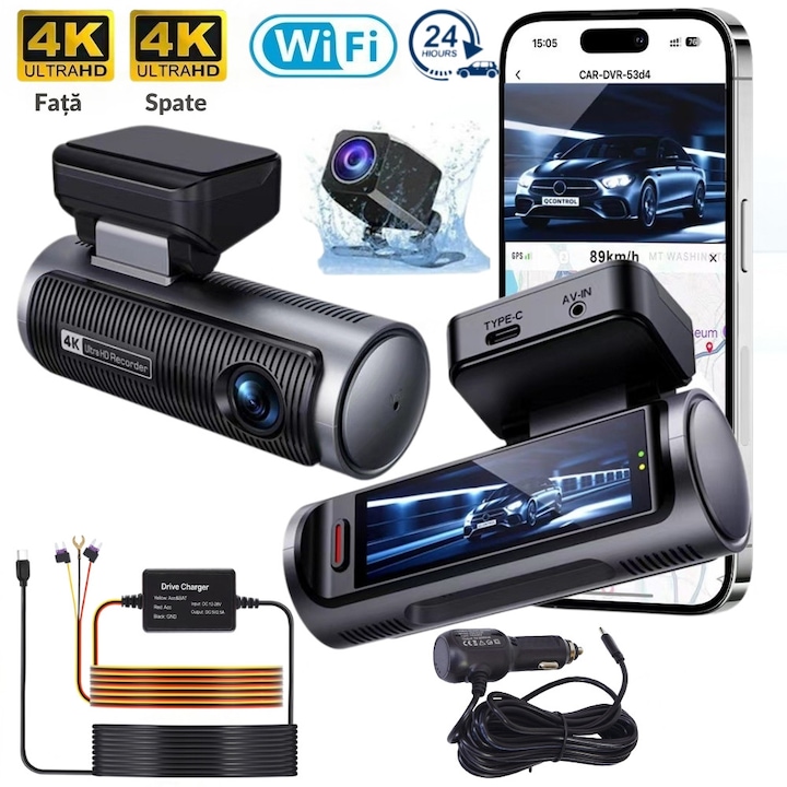 Camera de bord auto dubla 4K+4K UHD MOGODA, WiFi, Camera Fata si Spate, Hardwire Kit Inclus, Monitorizare Parcare 24H, Ecran IPS 3.19", G-Sensor, HDR, WDR, Night Vision, Aplicatie Viidure, Microfon