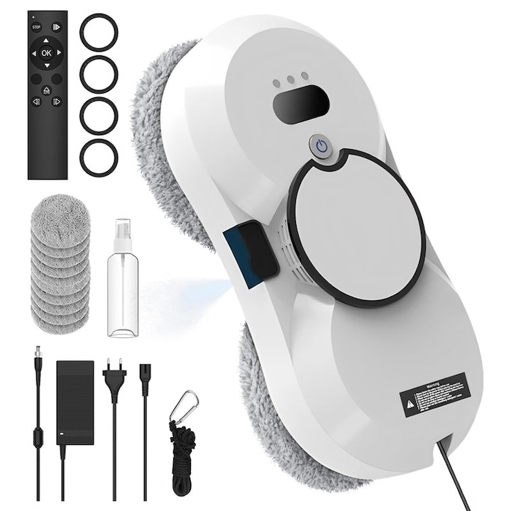 Robot curatare geamuri, Rqiurpn, 3 Moduri de Curatare, 80W, Aspiratie 2800 pa, 500mAh, Remote control function, Detectie margini, Protectie anti-cadere, Cap curatare dublu helix, Oprire automata, Pentru Ferestre, Oglinzi si Orice Suprafete Netede, Alb