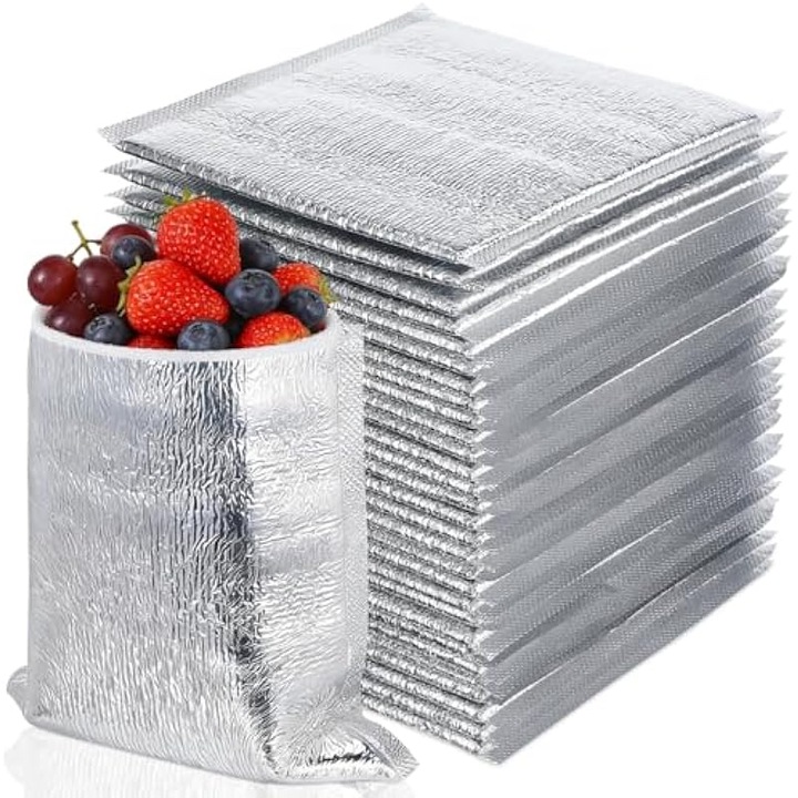 Set 50 pungi termoizolante aluminiu, reutilizabile, pentru alimente, argintiu, 20x25cm