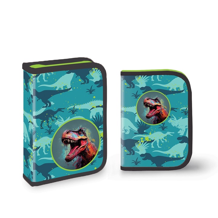 Penar scolar echipat pentru baieti, S-Cool, model Dino World T-Rex, 1 fermoar cu 2 extensii, 32 piese, Verde/Turcoaz