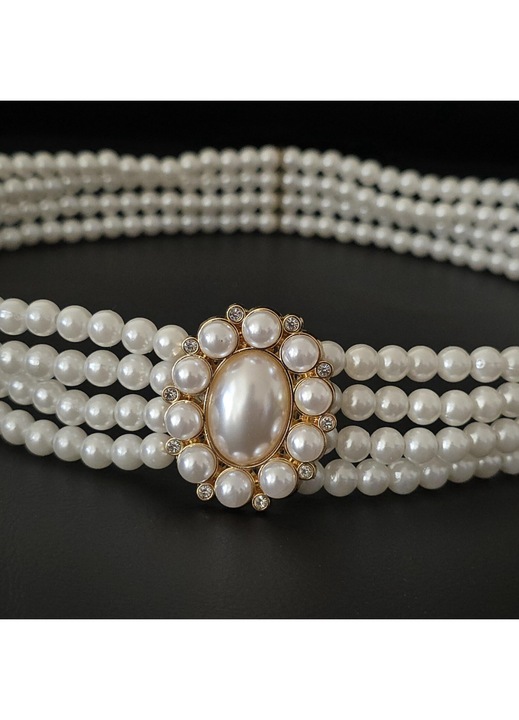 Curea de Dama pentru Talie, Eleganta si Elastica, din Perle - Catarama Brosa Vintage, Marime Universala 60-85 cm, Alb