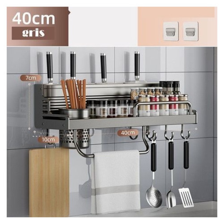 Raft de perete multifunctional din aluminiu pentru bucatarie, suport condimente, dimensiuni medii