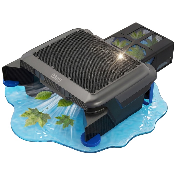 Robot de piscina iHunt Robo Skimmer Solar pentru curatarea suprafetei apei, Fara fir, Incarcare Duala, Baterie 20h+, Control din telecomanda, Compartiment tablete clor, IPX8 Waterproof